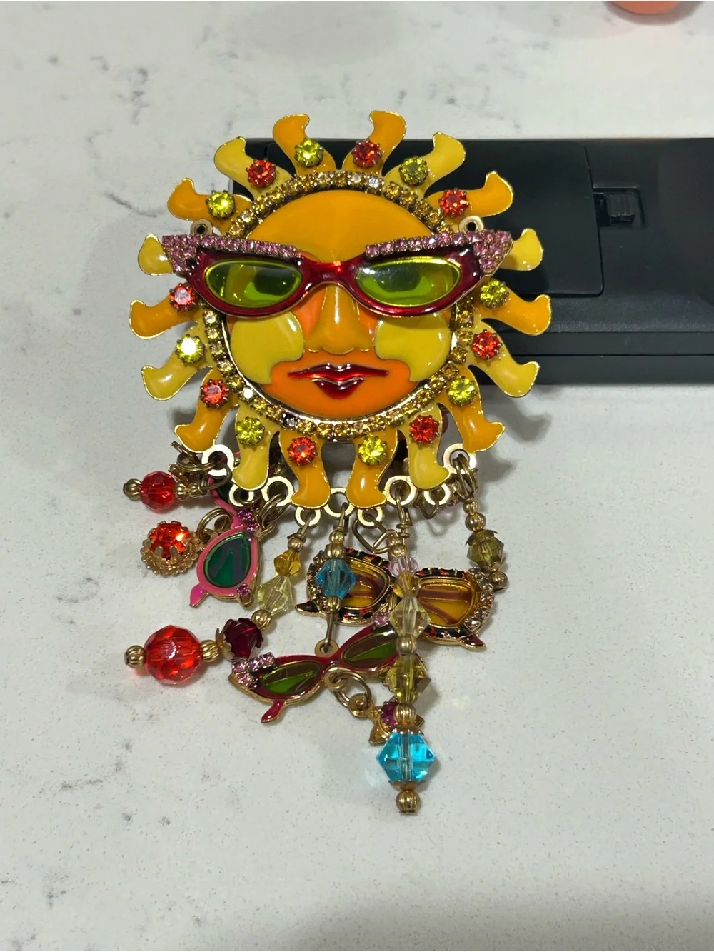 Vintage Lunch At The Ritz 2Go Large Crystal & Enamel Summer Fun Sun Brooch